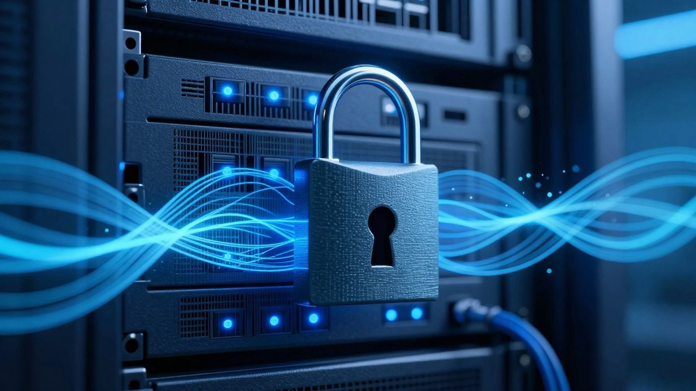 Server rack with glowing lights and digital padlock.