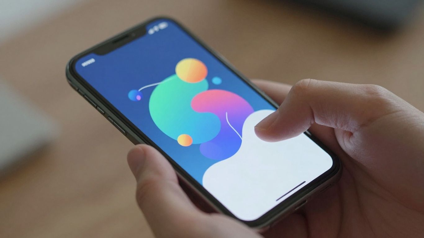 Hand holding smartphone with colorful digital interface