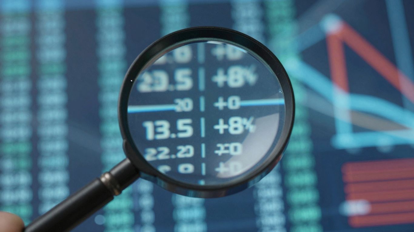 Magnifying glass over digital data patterns