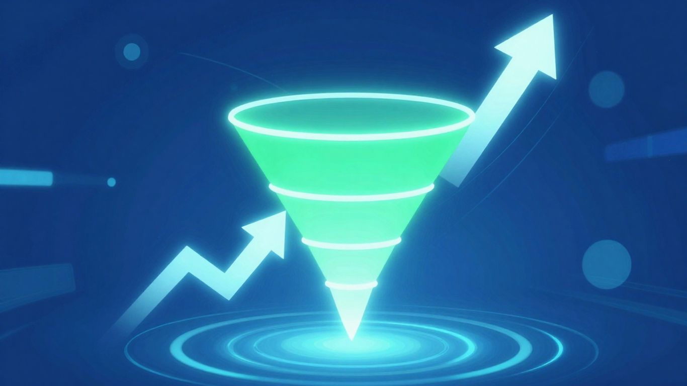 Automated funnel with upward arrows indicating conversion growth.
