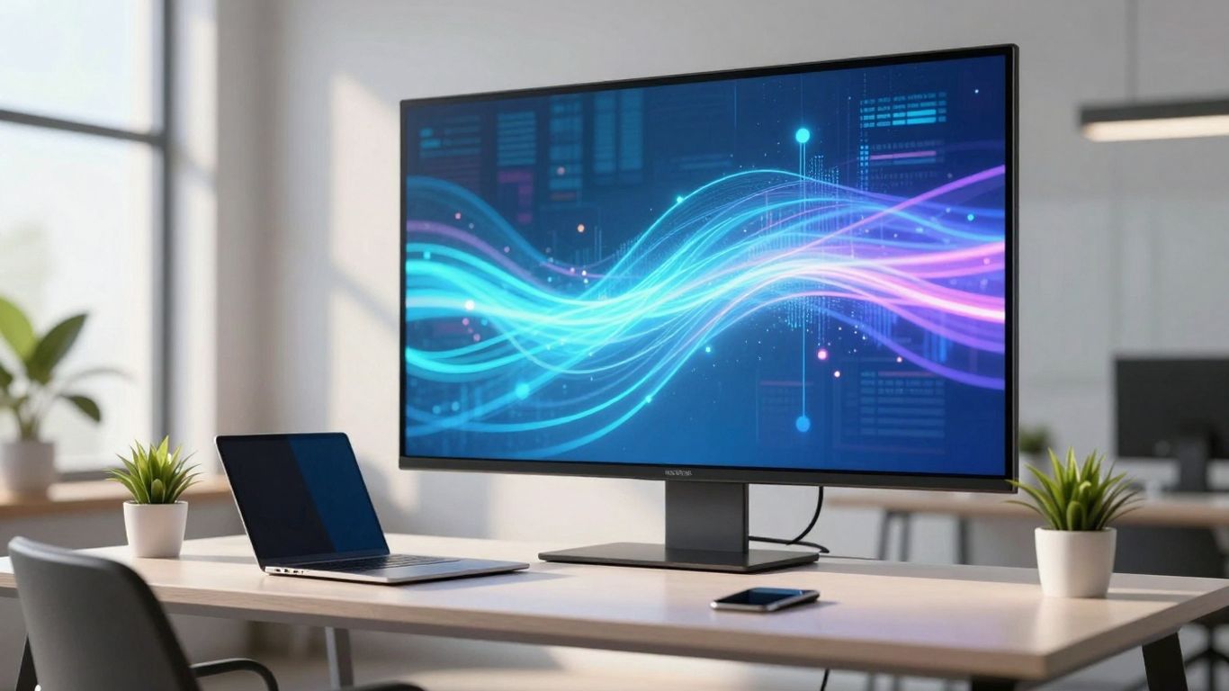 Modern dashboard interface with abstract data visualizations.