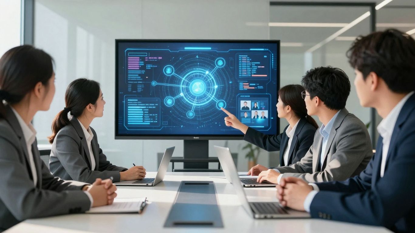 Marketing agency team analyzing audience data with holographic projection.