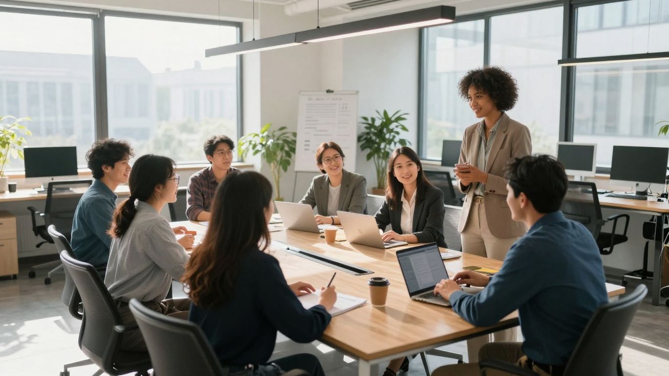 Diverse professionals collaborating in a modern office setting.