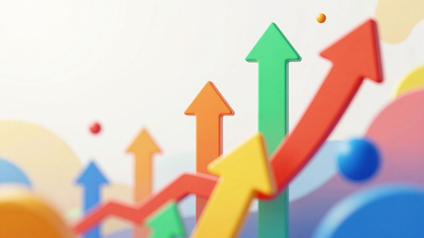 Upward trending arrows and abstract shapes indicating growth.