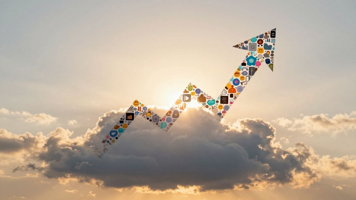 Upward arrow made of digital icons, symbolizing growth.