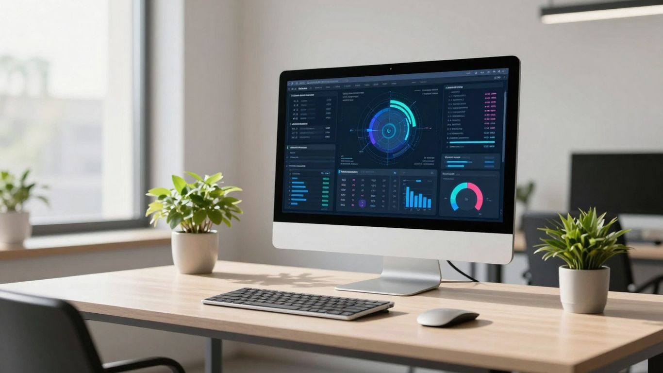 HubSpot marketing dashboard on a modern office monitor.