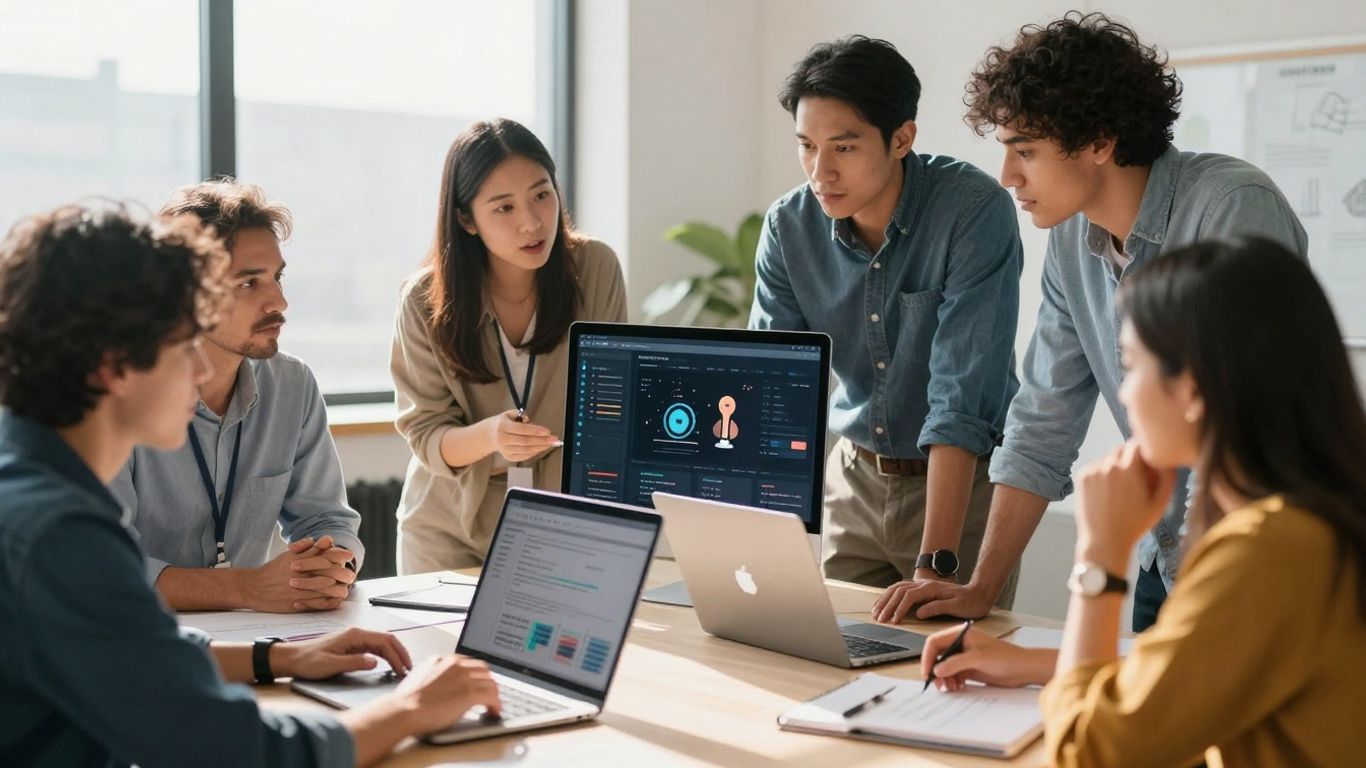 Team strategizing in a modern office with digital displays.