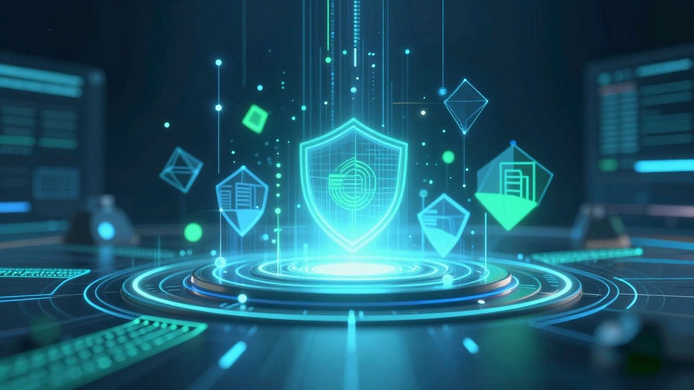 Secure digital hub with data streams and geometric shapes.