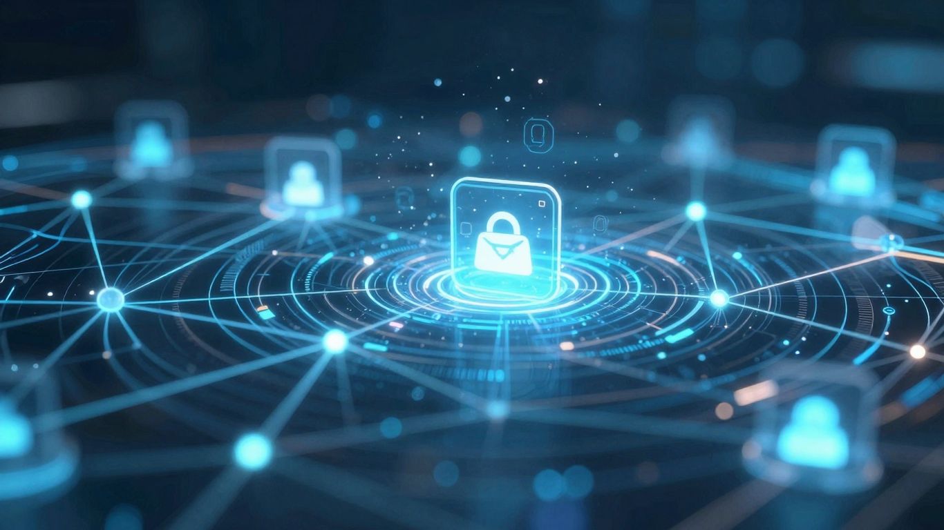 Digital advertising operations network with glowing connections.