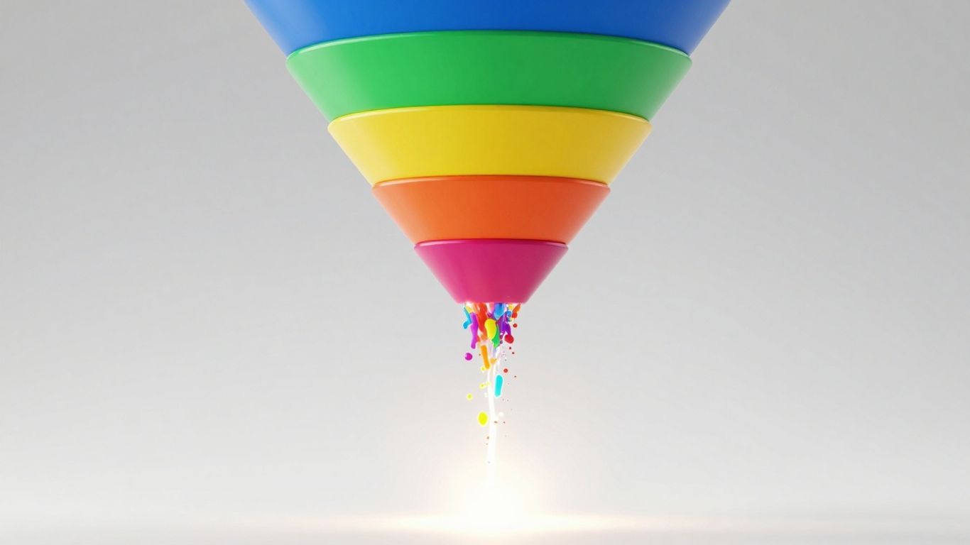 SaaS funnel with flowing particles and distinct stages.