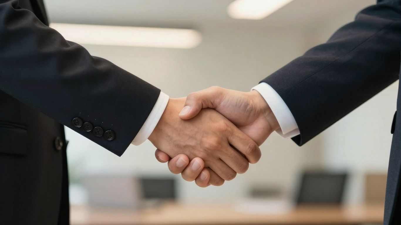 Sales and marketing handshake in office