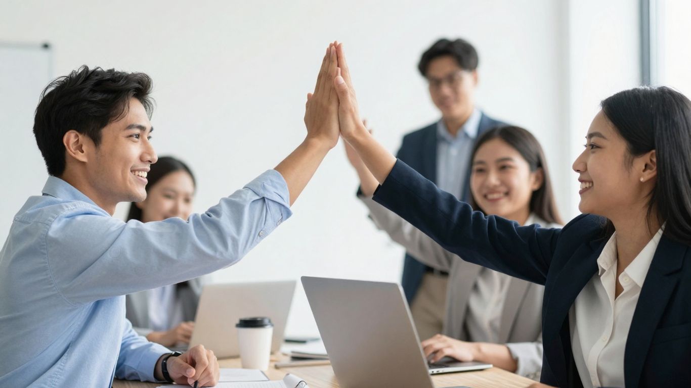 Sales and marketing teams celebrating together.