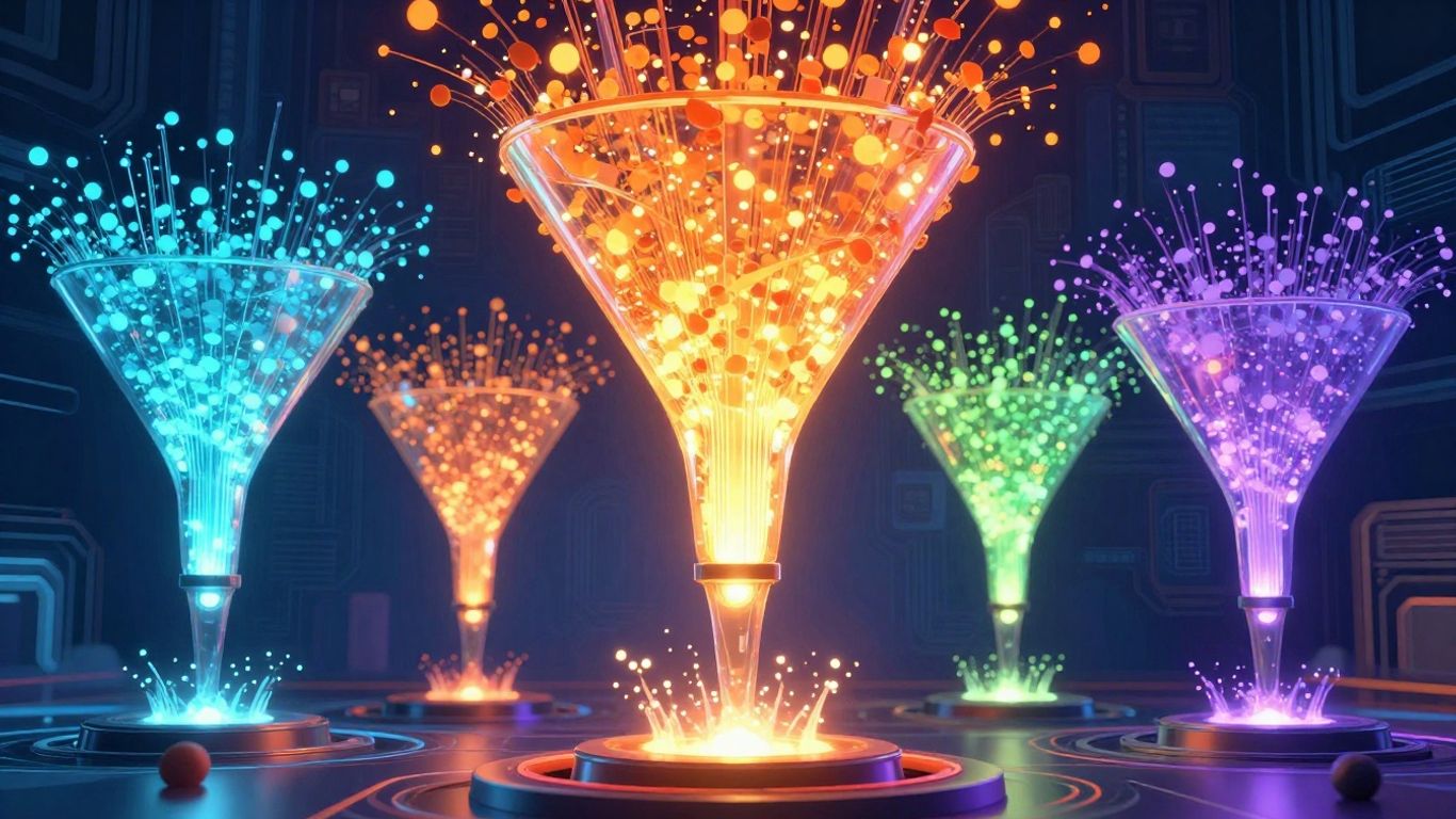 Abstract funnel with glowing particles and digital patterns.