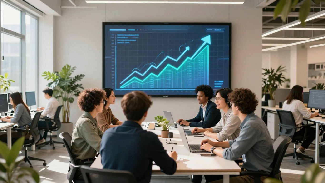Business growth funnel with upward trending arrows.