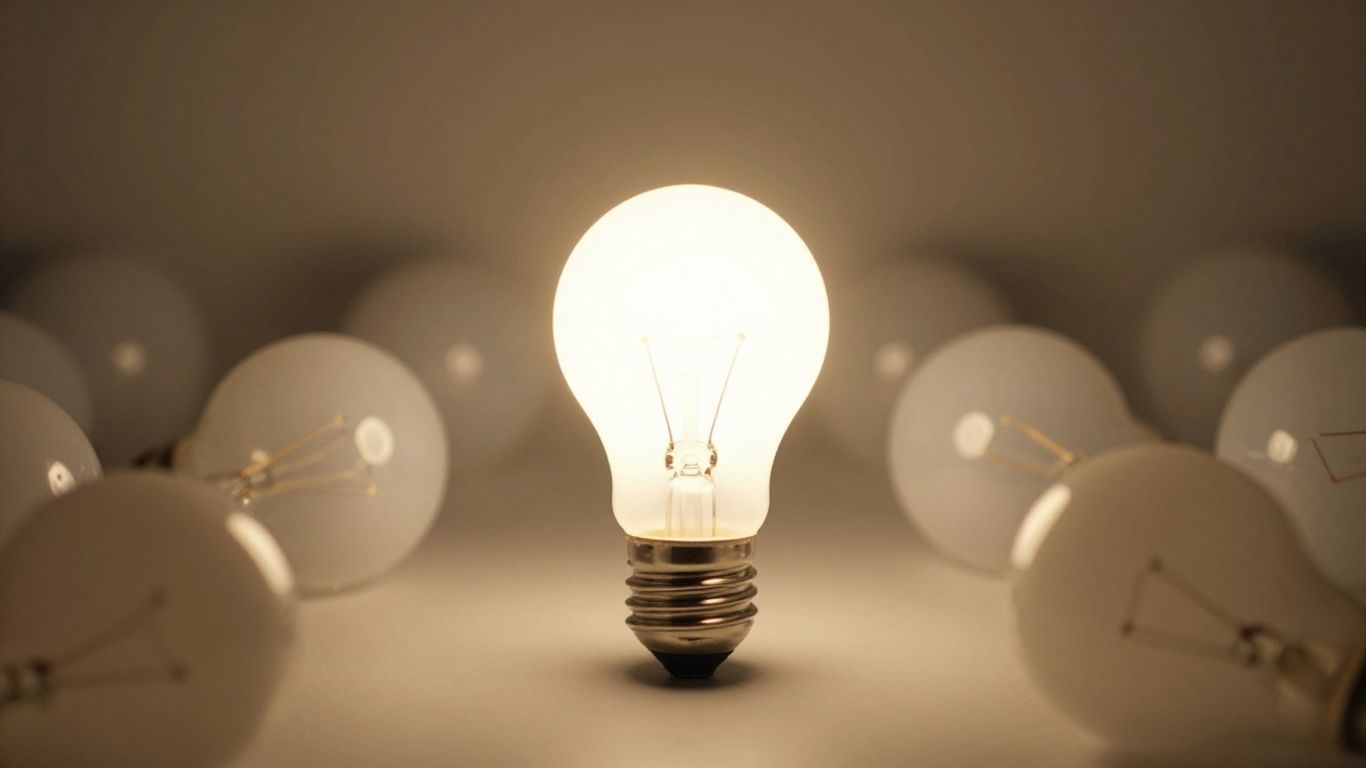 Bright lightbulb stands out from dimmer ones.