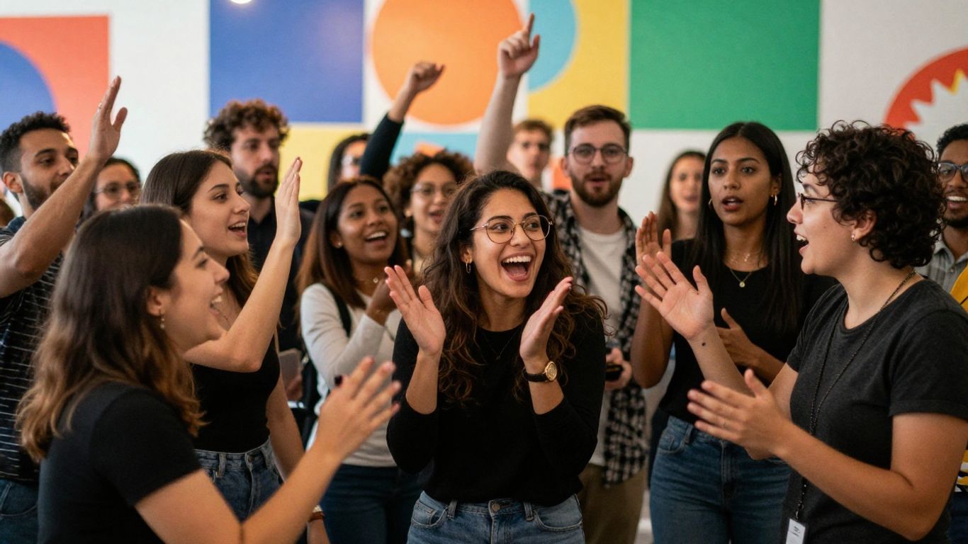 Creative marketing campaign success with energetic people.