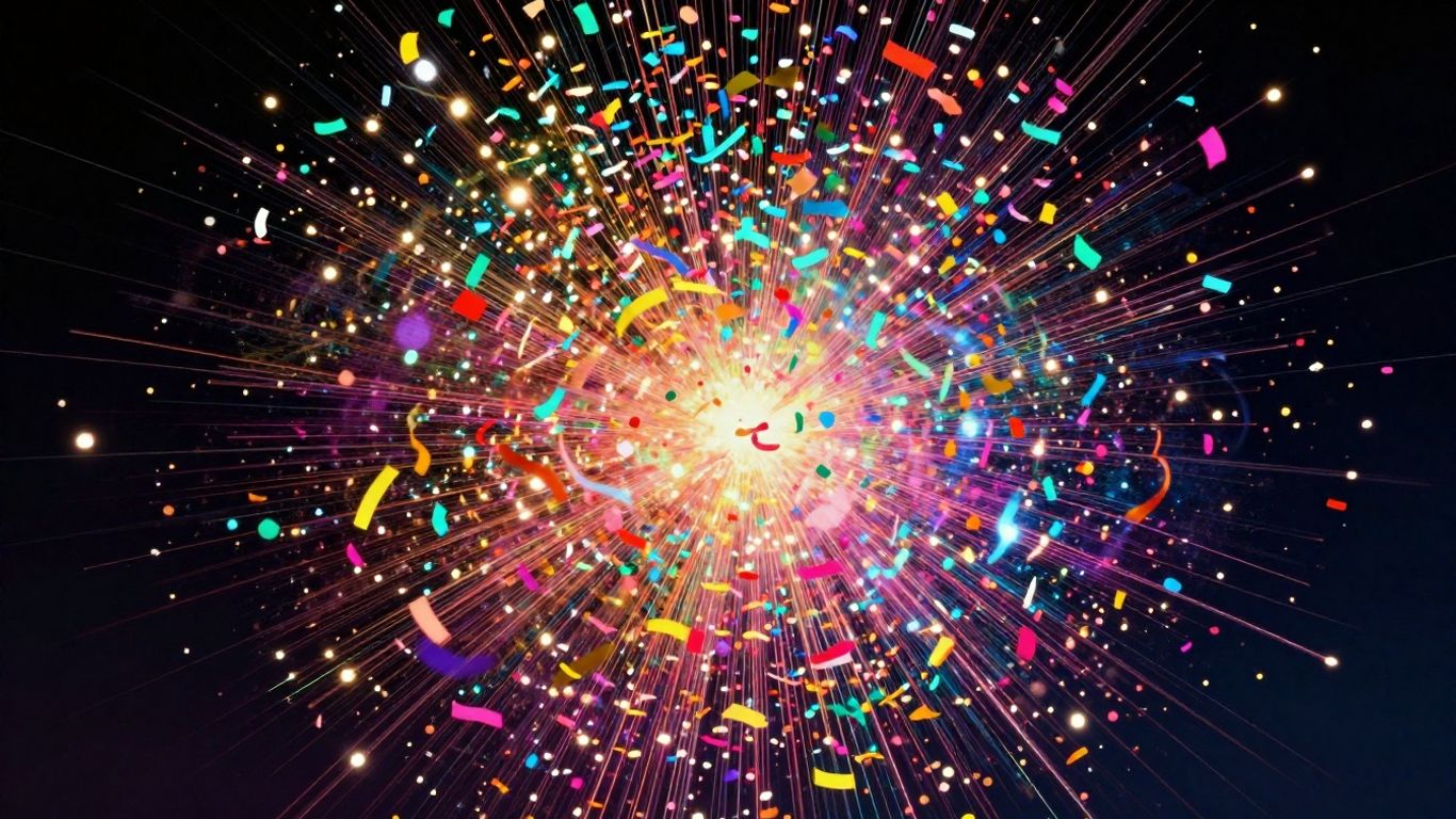 Colorful confetti and light streaks exploding