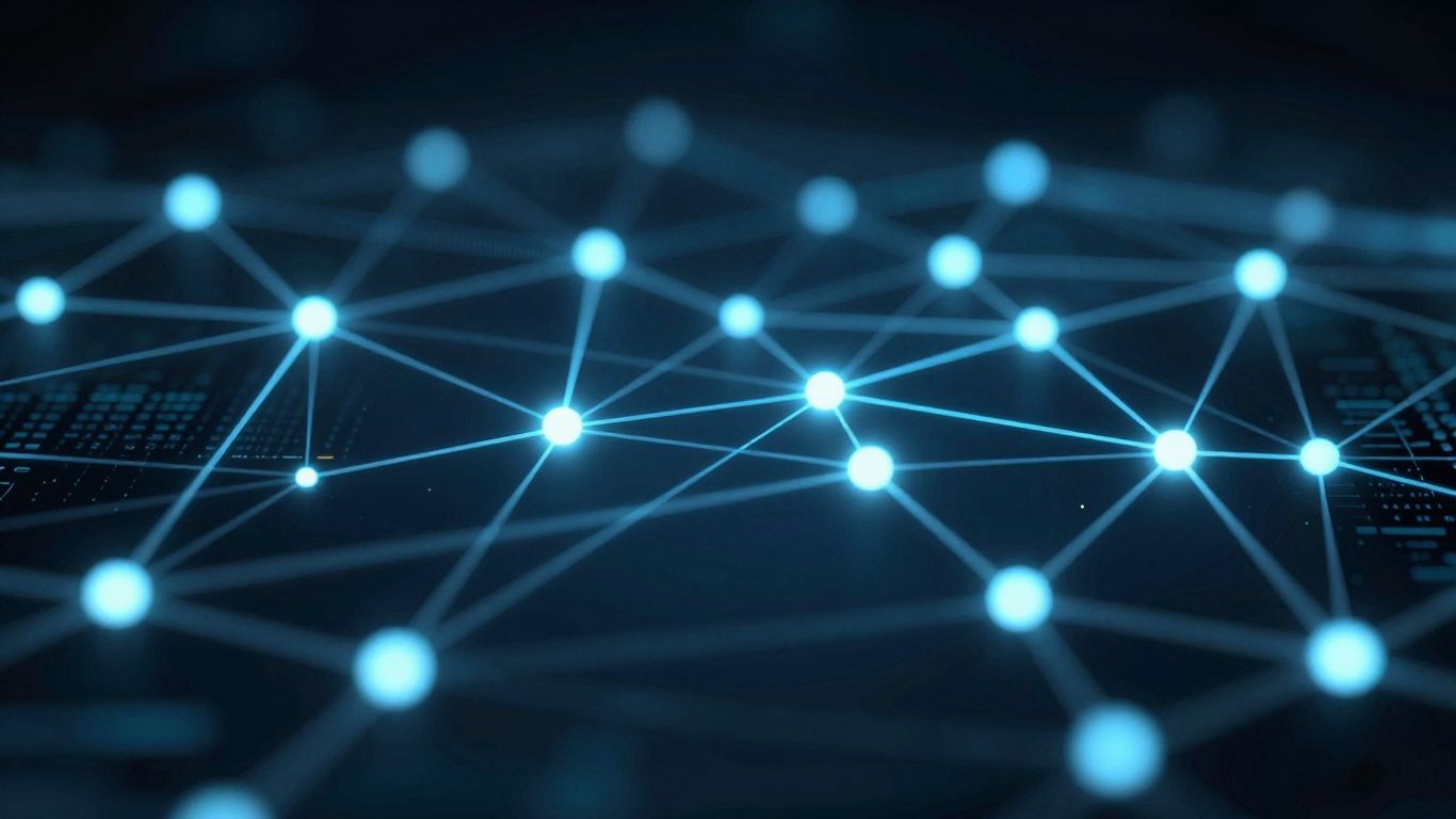 Digital interface with interconnected data points and glowing nodes.