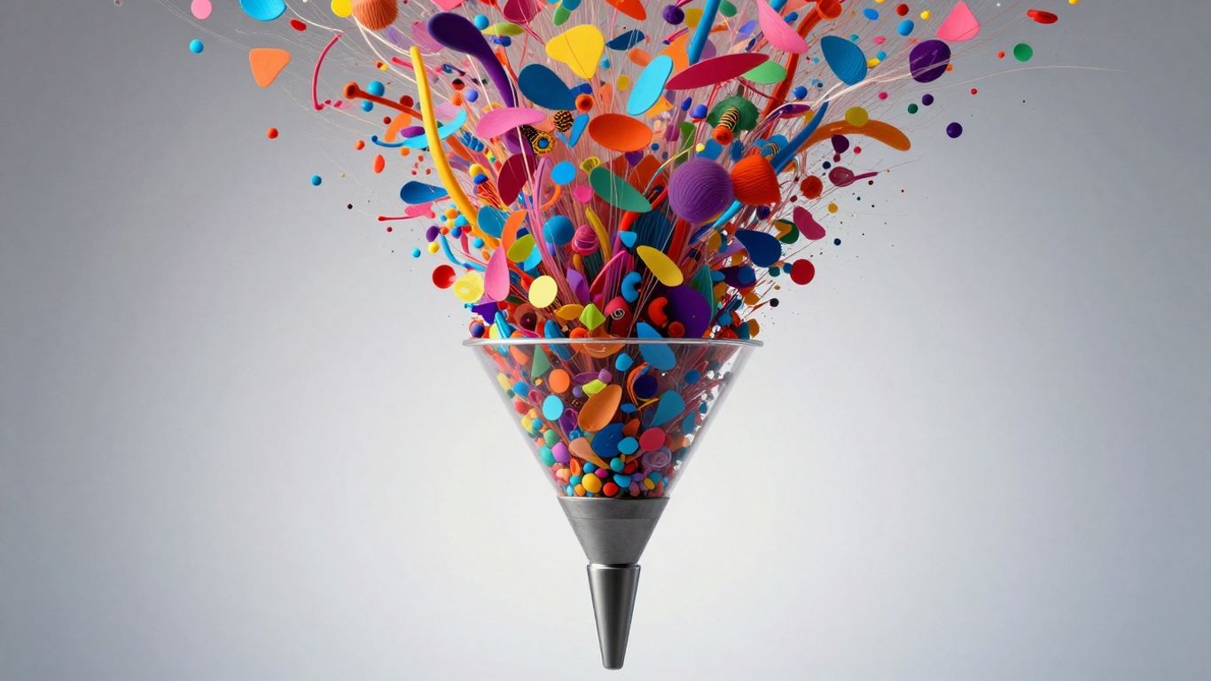Funnel with colorful elements flowing into the top.