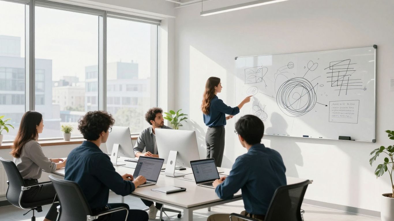 Team strategizing in a bright, modern office.