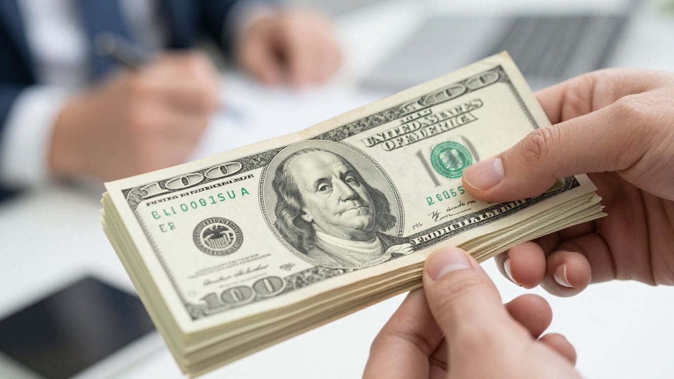 Stack of dollar bills held in hand.