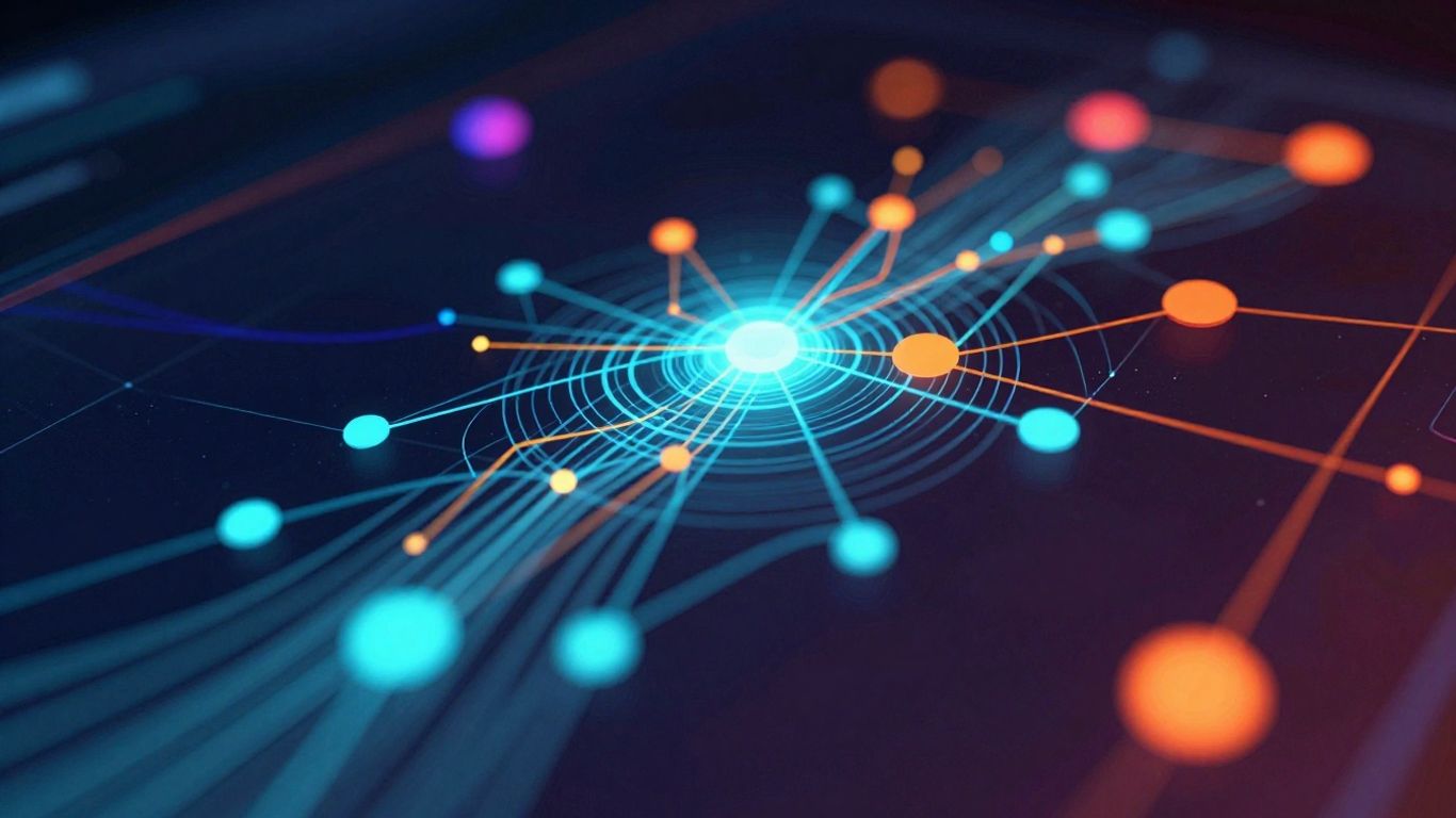Dashboard interface with glowing interconnected nodes and upward momentum.