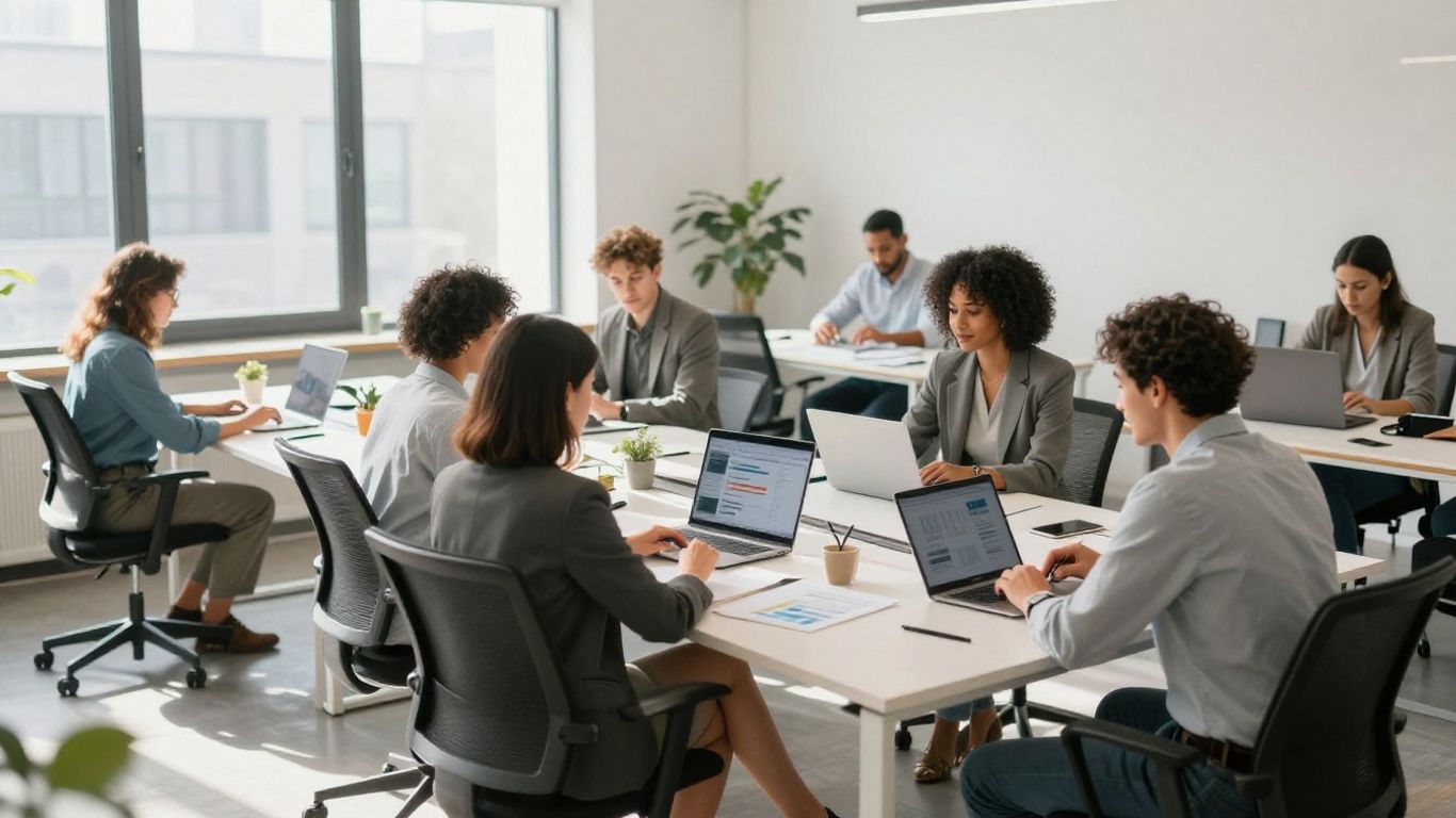 Marketing professionals collaborating in a modern office.
