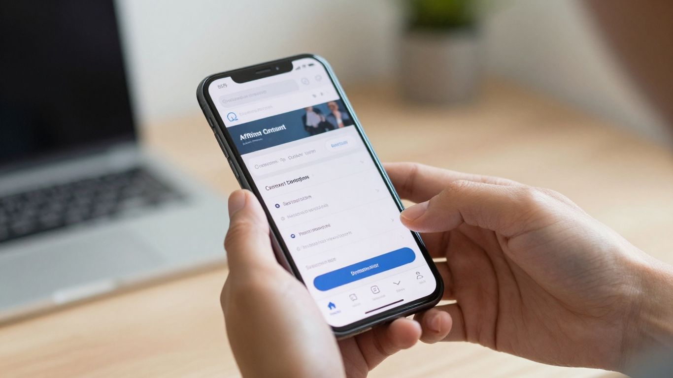 Hands holding smartphone with affiliate marketing website.