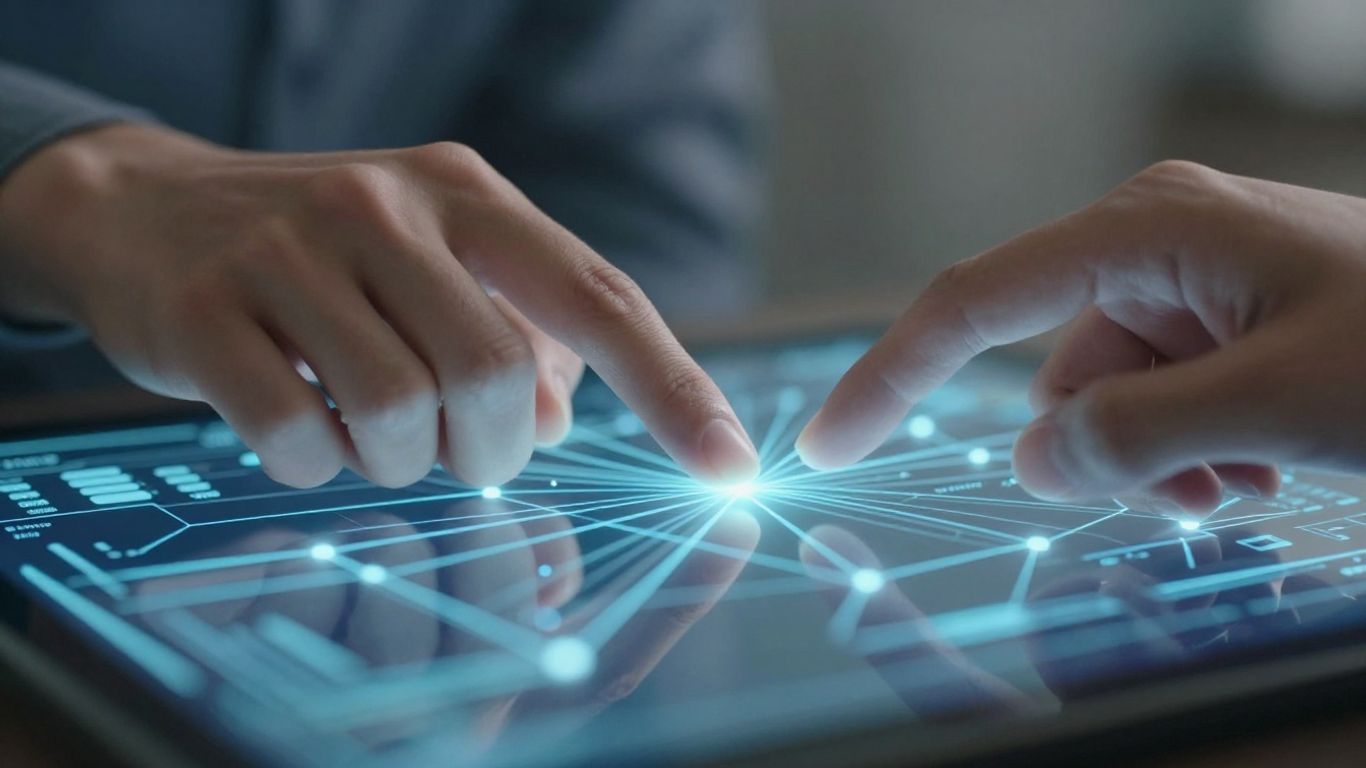 Hands interacting with a digital funnel lead management interface.