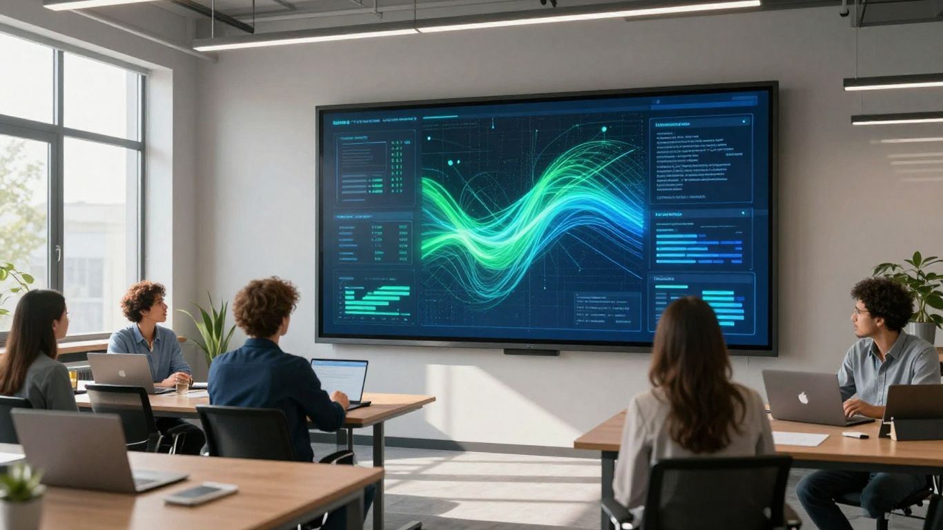 Team analyzing data visualizations on a large screen.