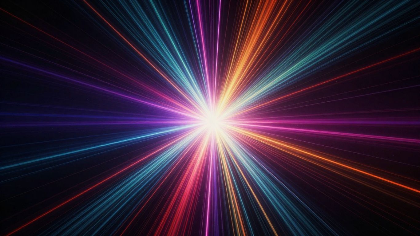 Abstract colorful light streaks converging to a central point.