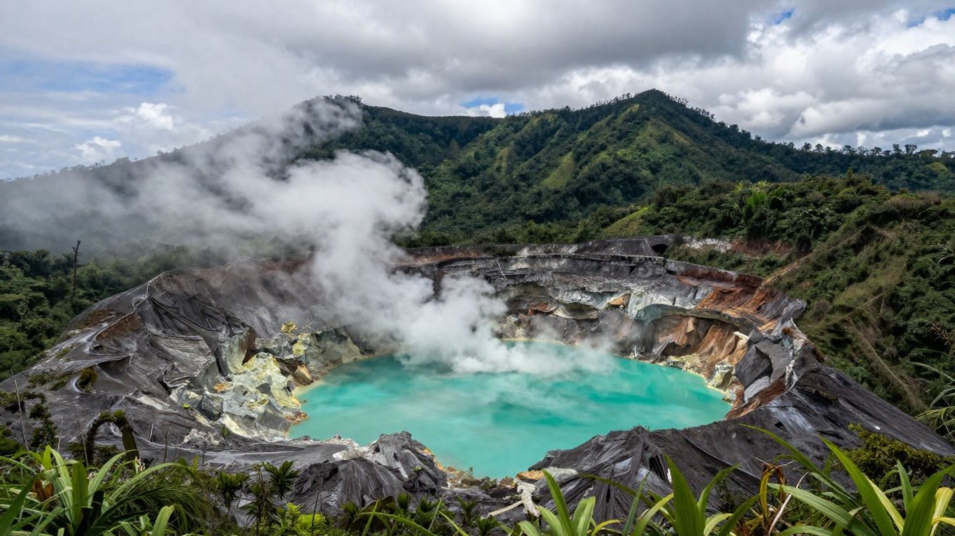 Steaming crater of Poás Volcano with turquoise lake.
