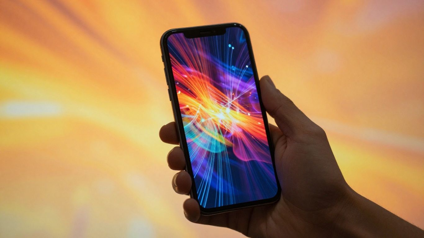 Digital pattern on smartphone screen, warm gradient background.