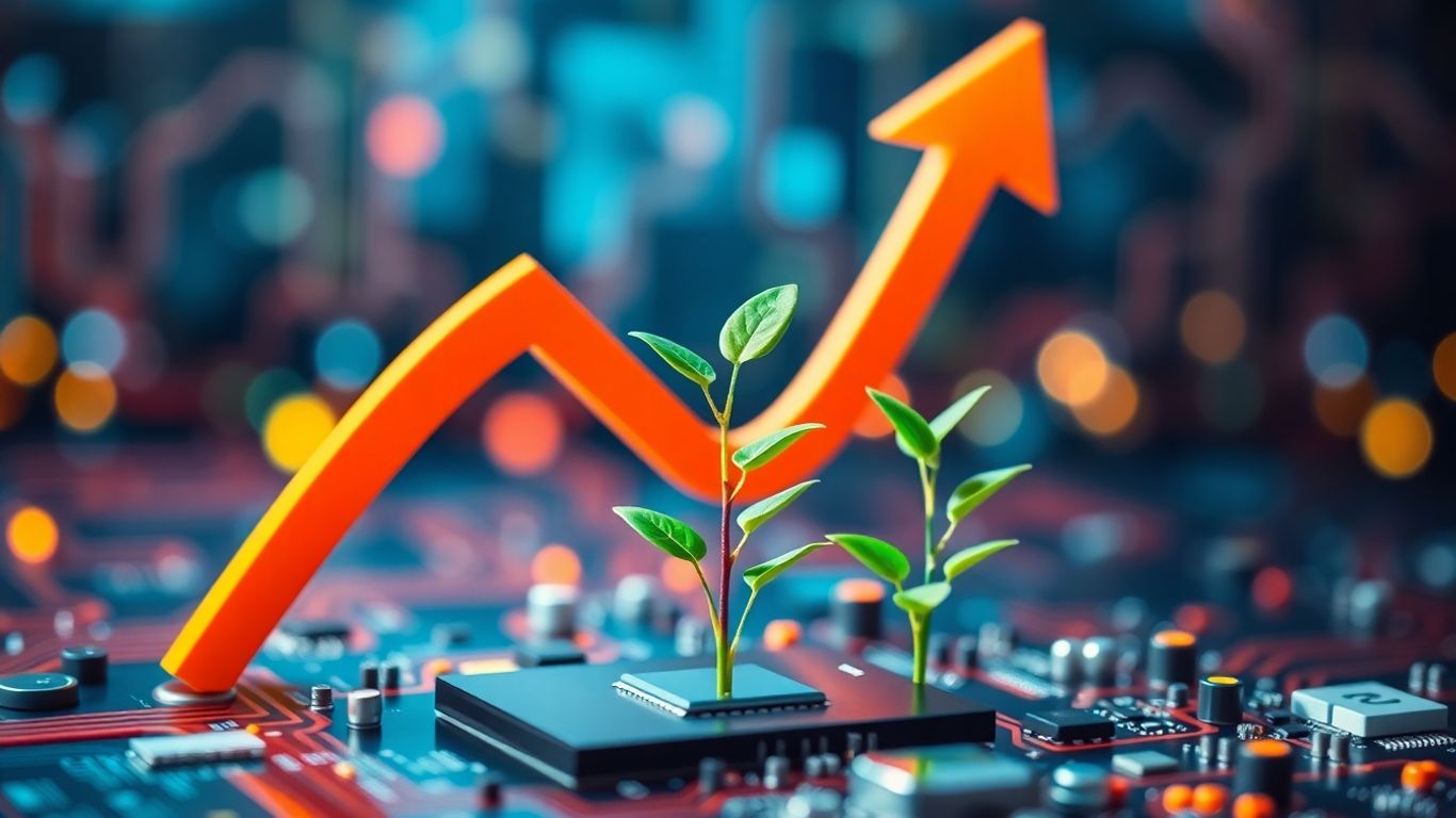 Digital marketing growth with upward arrows and plant.