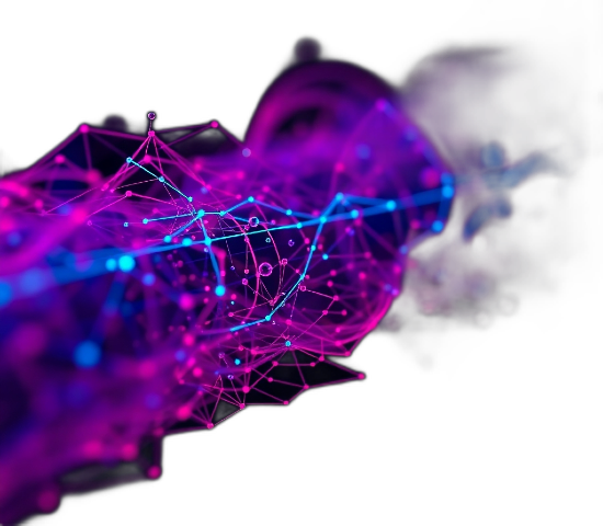 Abstract 3D network structure with interconnected nodes and lines in glowing pink and blue on a black background.