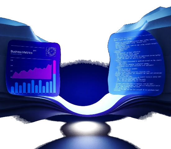 Futuristic blue and purple digital interface displaying business metrics graph on the left and lines of code on the right against a dark abstract background.