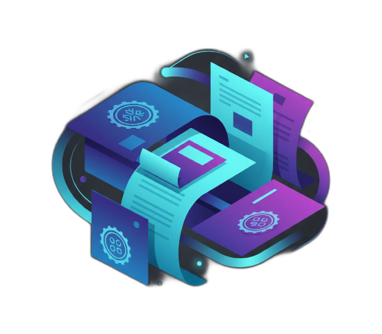 Futuristic digital documents and data sheets in blue and purple tones with tech circuit icons floating in a circular arrangement.