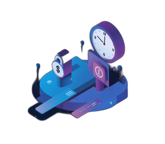 Isometric illustration of a clock with dollar and pound currency symbols on devices connected by a path.