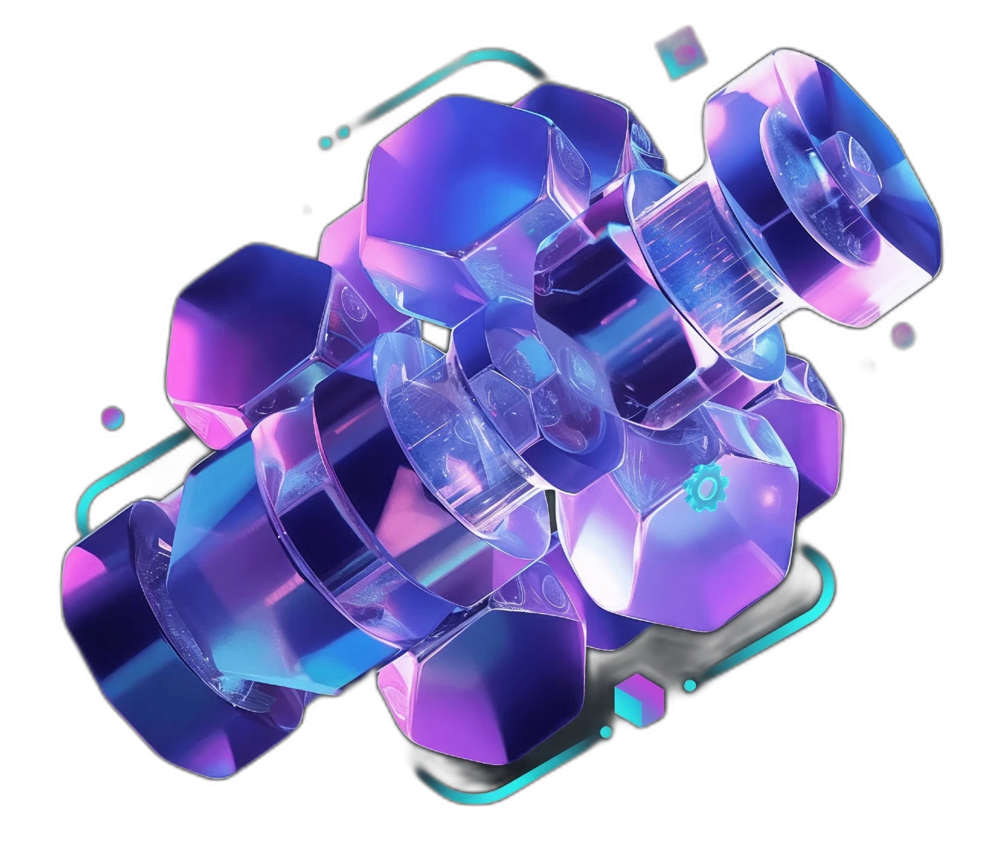 Abstract 3D geometric shapes in translucent purple and blue tones floating on a black background with glowing turquoise accents.