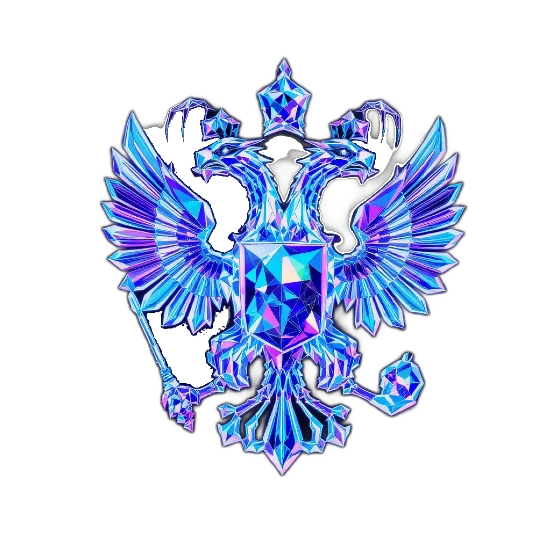 Stylized crystalline double-headed eagle with spread wings holding a scepter and orb, rendered in blue and purple tones on a black background.