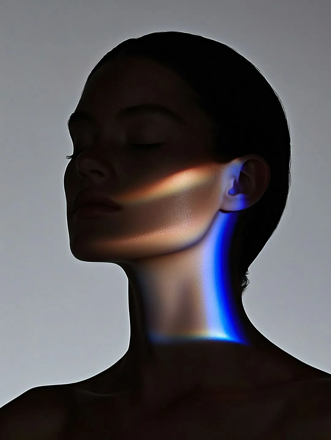 A woman with her eyes closed with a rainbow light on her face.