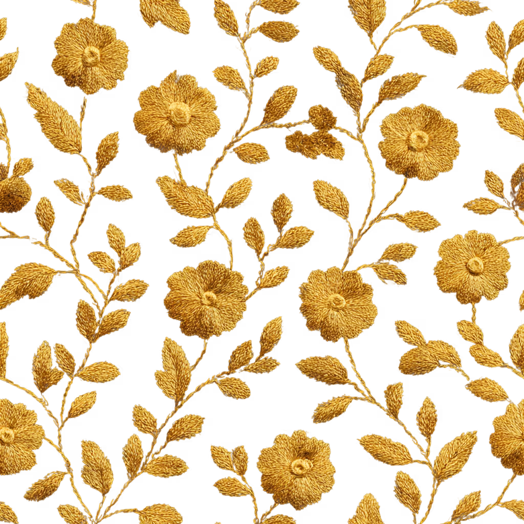 Golden embroidered floral pattern with leaves on a black background.