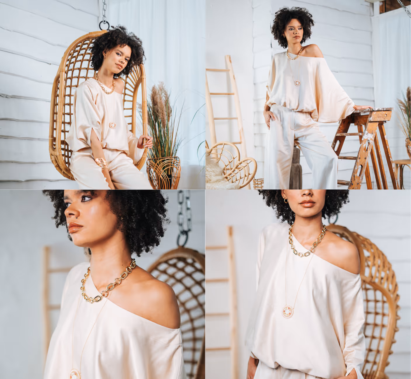Collage of a woman with curly hair wearing an off-shoulder beige outfit and gold jewelry posing indoors by wicker furniture and a wooden ladder.