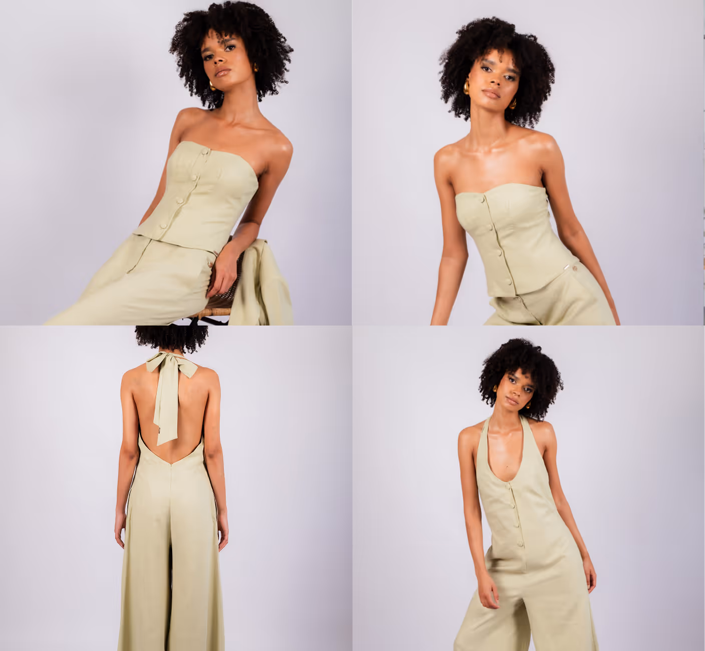 Collage of a woman with curly hair modeling light green strapless and halter jumpsuits against a plain light background.
