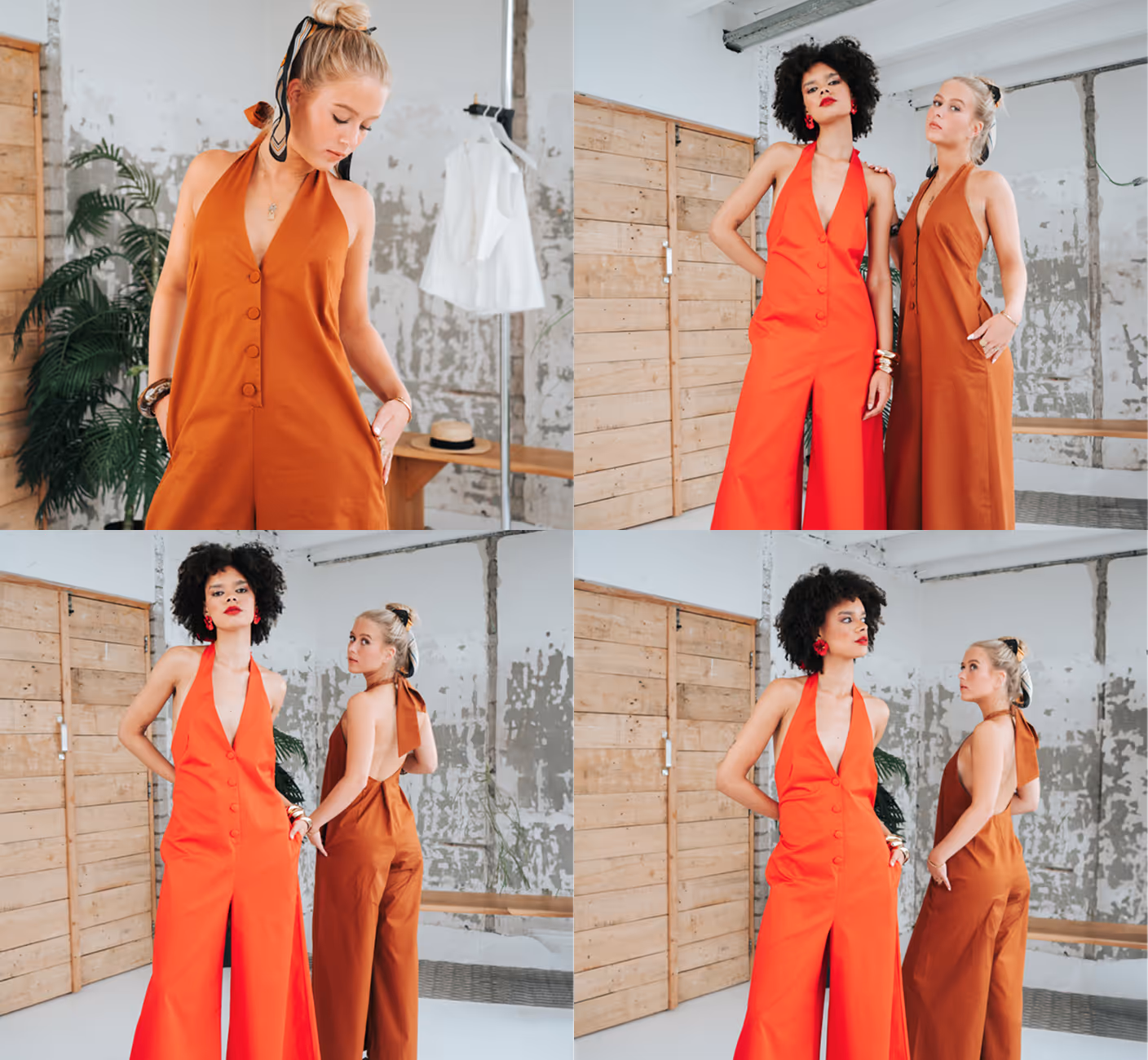 Collage of two women modeling sleeveless jumpsuits in bright orange and burnt orange in an industrial-style room with wooden panels and a plant.