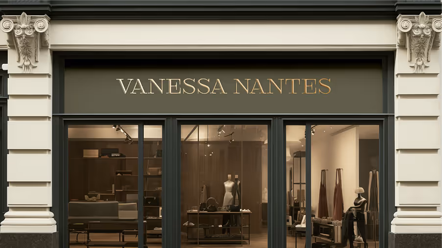 Storefront of Vanessa Nantes boutique with mannequins, clothing, and accessories visible through large glass windows.