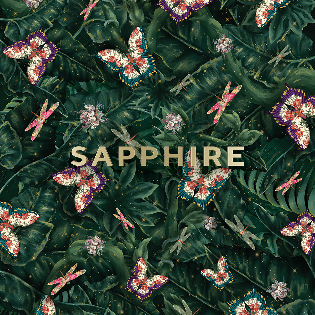 Pattern of dark green tropical leaves with illustrated butterflies, dragonflies, and beetles surrounding the word 'SAPPHIRE'.