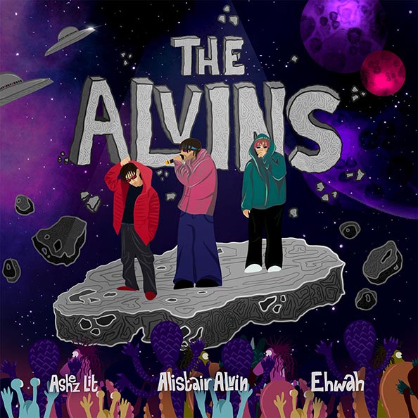 Illustration of three people standing on a floating asteroid in space with spaceships, planets, and asteroids around, titled 'The Alvins' with names Ashz Lit, Alisbair ALvin, and Ehwah below.