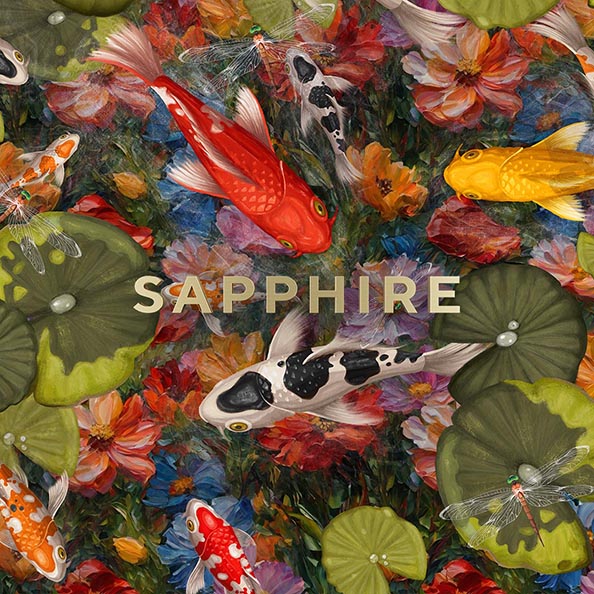Colorful koi fish swimming among lily pads and flowers with the word 'SAPPHIRE' overlayed.