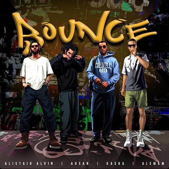 Illustration of four men standing in front of a graffiti wall with the word 'BOUNCE' in large yellow letters above them.